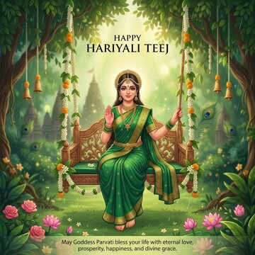 Goddess parvati sitting on a decorated wooden swing in a lush garden, hariyali teej festival with temple silhouettes and lotus flowers