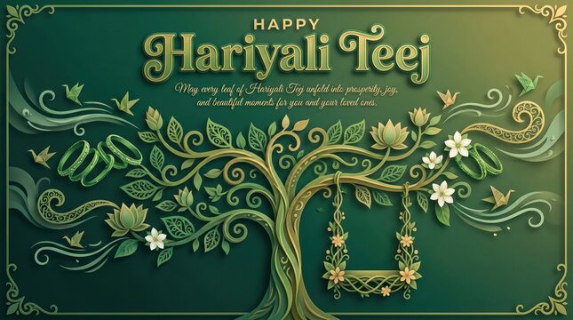 Hariyali teej greeting card with ornate stylized tree, hanging swing, lotus flowers, and decorative swirls in shades of green and gold