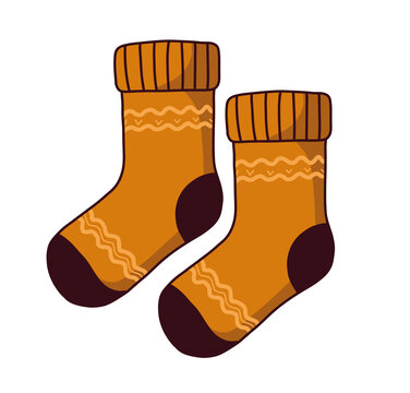 Orange Stricksocken als gem&uuml;tlicher Herbst Sticker im Cartoon-Stil