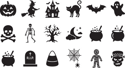 Naklejka premium Spooky halloween icons set jack o' lanterns ghosts witches skeletons and more for festive designs