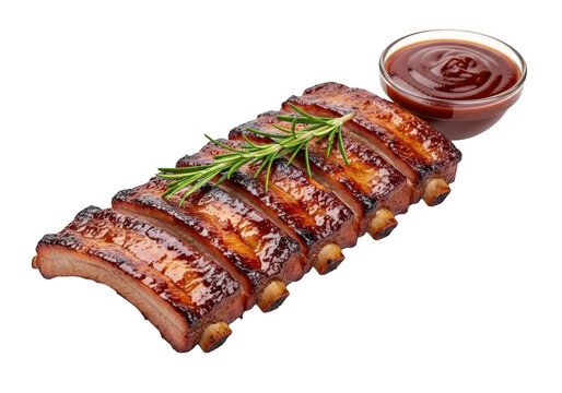 Grilled pork ribs with rosemary and a bowl of barbecue sauce isolated on transparent background
