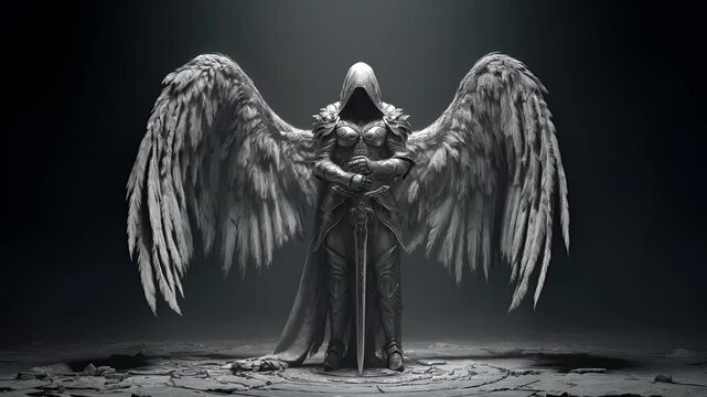 Fantasy, mysterious, wallpaper. A dark, atmospheric portrayal of an angelic figure with large, featherlike wings. The figure stands in a contemplative pose, hands clasped together in front of them.