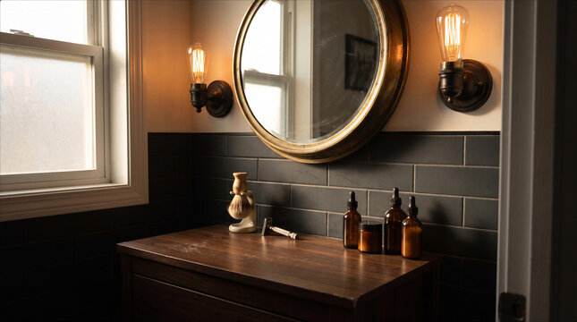 Modern Masculine Bathroom Vanity Interior Dark Matte Subway Tile Backsplash Round Brass Mirror Vintage Edison Bulb Wall Sconces Wood Countertop Grooming Accessories Shaving Brush Safety Razor Dropper
