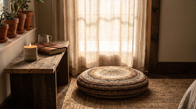 Minimalist Zen Meditation Corner with Jute Floor Cushion and Rustic Wooden Bench Near Sunny Window Lit by Soft Natural Sunlight Reflecting Warm Cozy Atmosphere for Wellness Yoga Practice Living Room