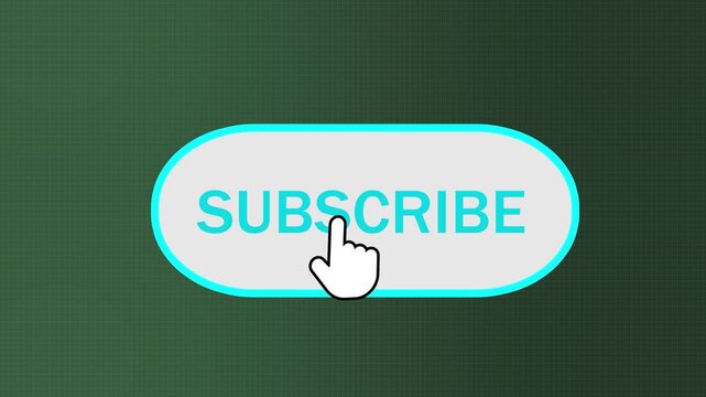 social media subscribe call to action graphic with mouse pointer. cyan web subscribe button interface element on dark background. subscribe button graphic with hand cursor clicking call to action.
