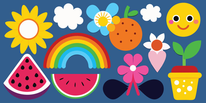 Collection of cute summer objects and symbols with fruits flowers and rainbow.