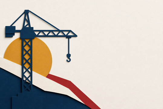 Minimalist paper cut construction crane silhouette, industrial building site concept with sun, modern architectural development art on textured background