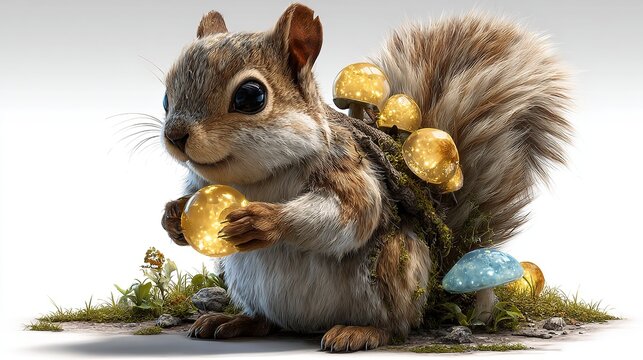 Whimsical Squirrel Gathering Treasures: A charming squirrel with a bushy tail, adorned with glowing mushrooms, sits on grass and holds a golden orb, looking playful and mischievous.