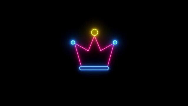 Glowing neon light crown icon. Queen Royalty Crown Icon shying light on black background.