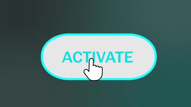 activate button click animation with glowing effect and mouse cursor on digital grid background for web ui ux. hand cursor pressing activate button on a modern digital interface, concept of activation