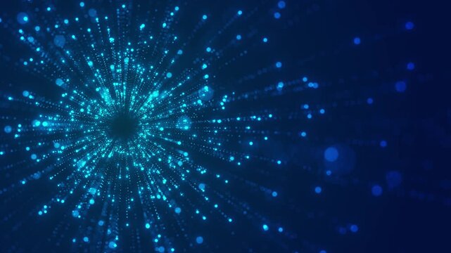Cyan digital particle explosion visual with bright dots, radial motion trails, and deep blue bokeh space. Perfect for tech promos, AI videos, network titles, and motion overlays.