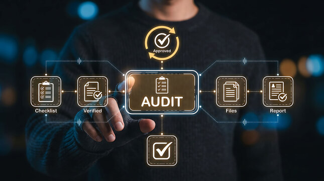 Man touching virtual screen interface analyzing approved corporate audit workflow