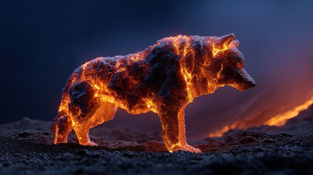 Fiery Wolf: A powerful wolf, its body ablaze with molten lava and embers, stands defiantly against a dark, volcanic backdrop. Its eyes gleam with primal energy.