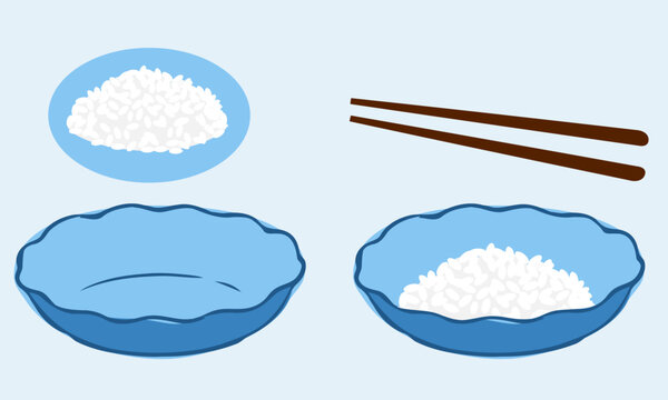 Cute Asian rice bowl collection featuring white rice, blue ceramic dishes, and wooden chopsticks in hand drawn flat vector style for restaurant menus, food packaging, kitchen prints and stickers.