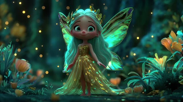 Fantasy, mysterious, wallpaper. A vivid, fantastical depiction of a fairy standing in a lush, green forest. The fairy has long, flowing green hair and large.