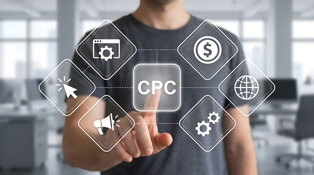 Man touching virtual screen presenting cost per click CPC marketing metrics