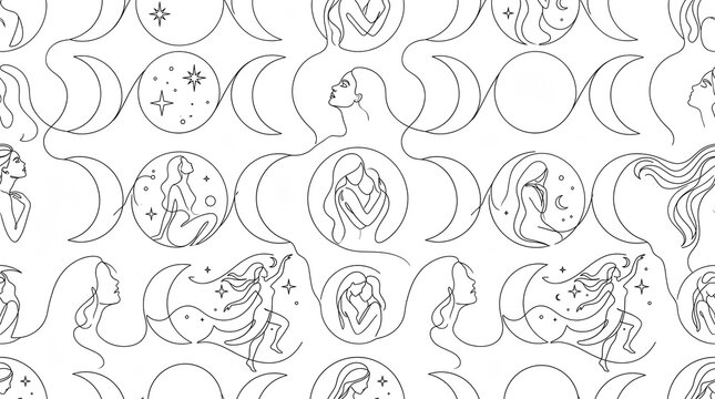 Seamless pattern with moon phases and celestial elements. Minimalist black and white lunar cycle background design.
