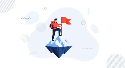 Obraz premium Man Planting Flag on Mountain Peak - Symbol of Success, Achievement, and Goal Setting
