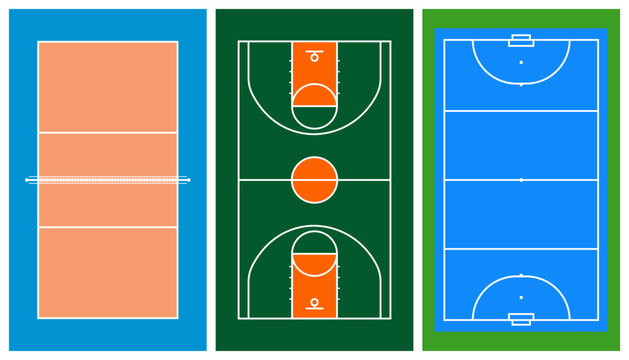 Sports court layout vector set, volleyball court, basketball court and field hockey court top view , tactical game strategy diagrams isolated on transparent background