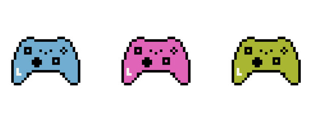 Colorful pixel art game controllers set in three different colors © Arafat