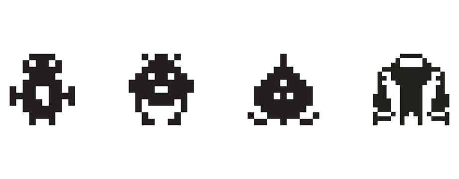 Four black pixel art robot characters in different poses