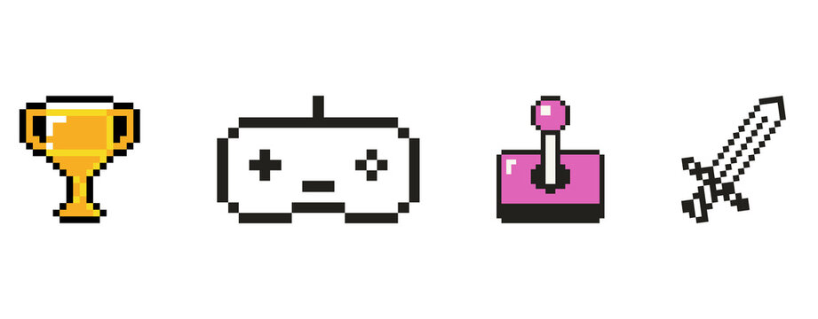 Pixel art icons of trophy, game controller, joystick and sword