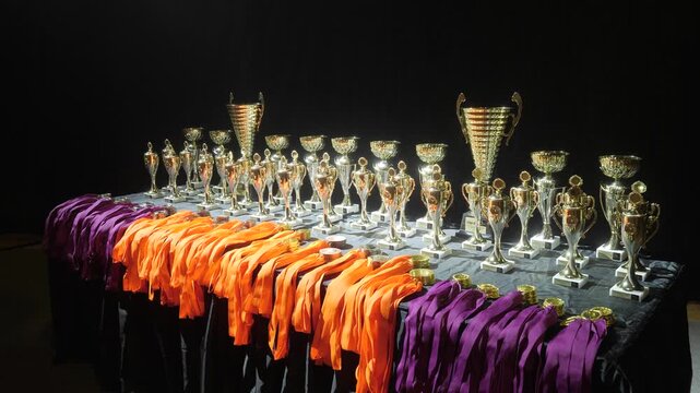 An elevated view shows rows of shiny gold trophies and medals with orange and purple ribbons placed on a black table before an award ceremony.