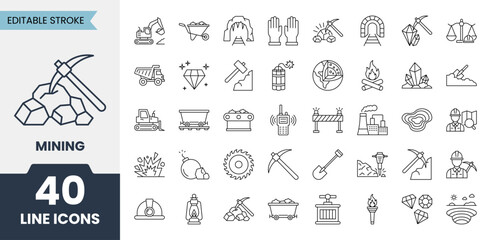 Fototapeta premium Mining line icons set with editable stroke. Containing gold, pickaxe, miner, diamond, shovel, bulldozer, minerals, jackhammer, excavator and more. Vector illustration