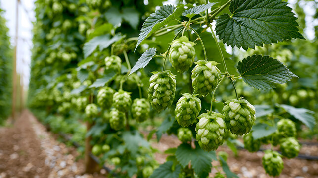 Lush green hop plants growing in traditional English fields for ale production in a vibrant agricultural landscape