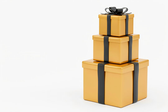 Elegant gold gift boxes stacked in a pyramid, luxury golden presents with black ribbons, festive holiday packaging on white background