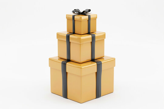 Elegant gold gift boxes stacked in a pyramid, luxury golden presents with black ribbons, premium holiday packaging on white background