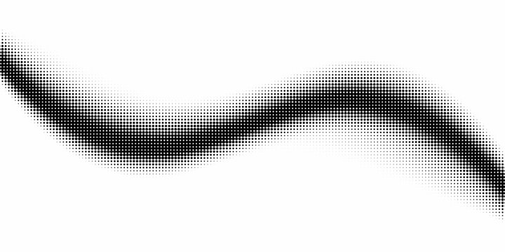 Comic halftone curved wave background. Black dotted grit sand flow pattern wallpaper. Grunge pop art gradient swoosh element overlay. Rasterized pixelated halfton grain backdrop. Vector wavy noise bg