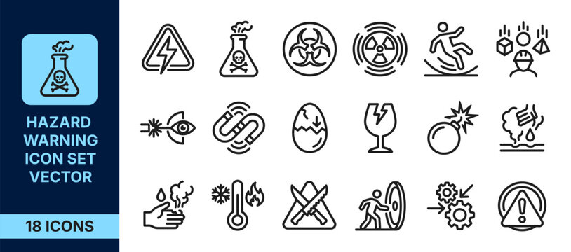 Set of hazard warning icons, including electrical, chemical, radioactive, biological, falling objects, and mechanical safety symbols