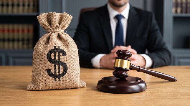 Burlap money bag with dollar sign and judge gavel on wooden desk, legal settlement and financial compensation concept, lawyer in suit in background