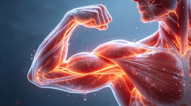 Anatomical human muscle structure of a flexing arm, glowing red muscular system illustration, medical visualization of bicep and shoulder fibers