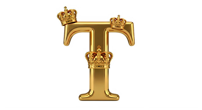 Golden decorative letter T with crowns isolated on transparent background transparent background