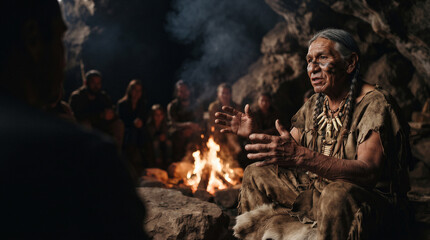 Fototapeta premium Indigenous elder sharing ancestral stories by a campfire in a cave, surrounded by a group of attentive listeners in a dimly lit setting