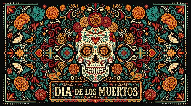 Dia de los muertos sugar skull illustration with floral patterns and rabbits on black background
