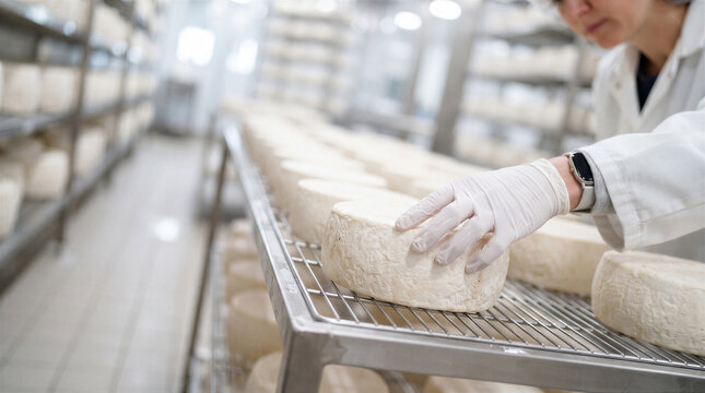 Professional cheesemaker in a white coat and gloves inspecting and arranging wheels of aged cheese on metal shelves in a factory