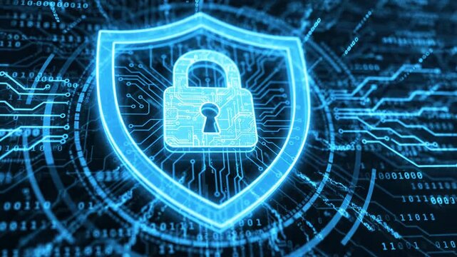 Cyber security concept with a glowing digital shield and padlock icon