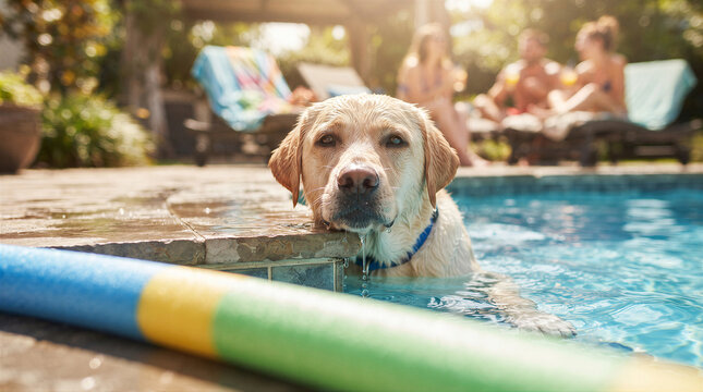 A cute yellow labrador retriever dog resting its chin on the edge of a swimming pool on a sunny day with people relaxing in the back