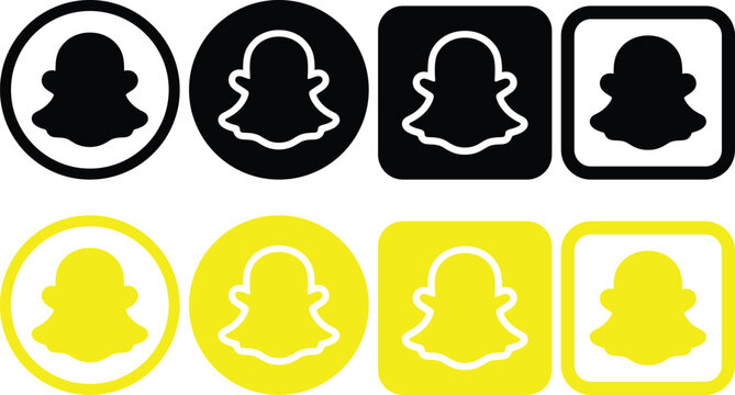 Snapchat logo variations in black and yellow circle square icons