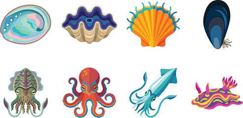 Marine Mollusks and Sea Shell Animals Vector Icon Set Collection © MD MIJANUR
