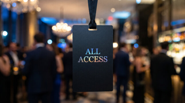 All access pass hanging in front of a blurred luxury event venue with people in formal wear and chandeliers in the background