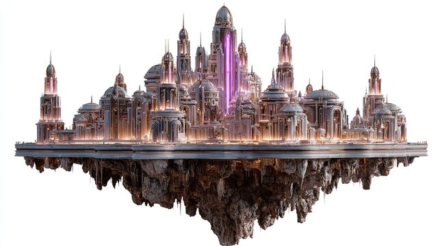Floating City of Lumina: An ethereal, illuminated city floats majestically in the sky, a testament to advanced architecture and a beacon of a prosperous future.