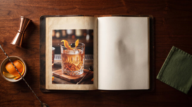 Old fashioned cocktail in a crystal glass with orange peel and cherry garnish on a rustic wooden table with bar tools and a notebook