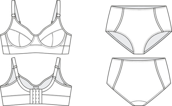 Technical Flat Sketch of Women&rsquo;s Bra and High-Waisted Briefs with Seam and Construction Details