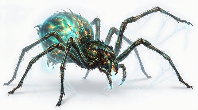 Fantasy cosmic spider with glowing abdomen and intricate metallic armor isolated on white background