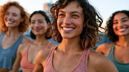 Fototapeta premium Group of friends stretching together on rooftop garden at sunrise