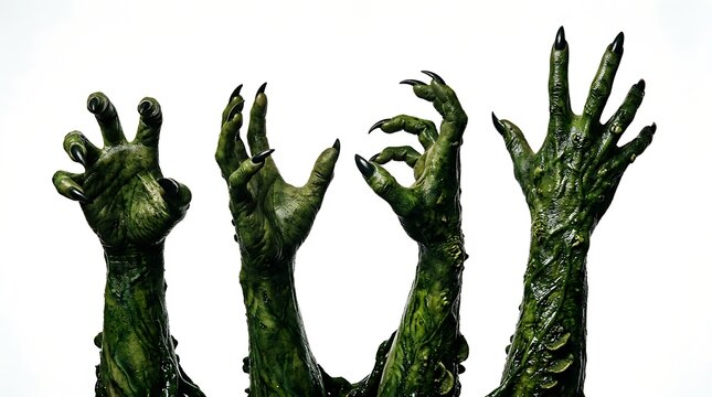 Scary green monster hands with sharp claws reaching up isolated on white background